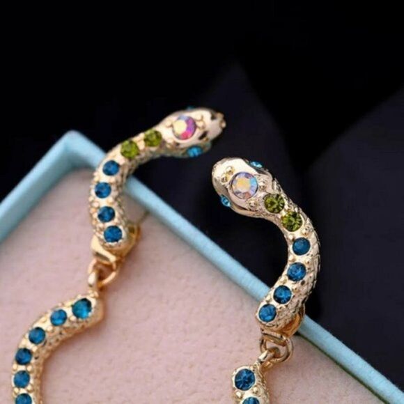 Blue Crystal Snake Vintage Gold Stud Drop Statement Earrings - Picture 10 of 13